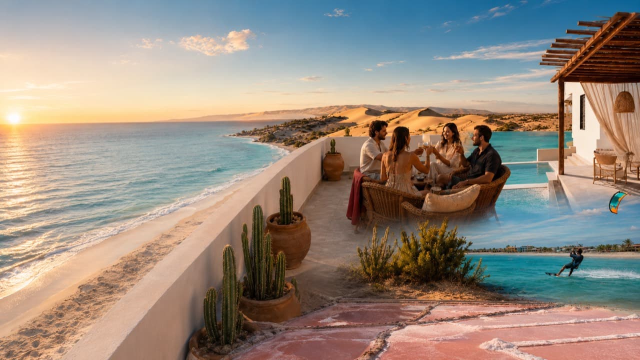 Vista de la costa de Paraguaná al atardecer, con médanos, piscina y terraza